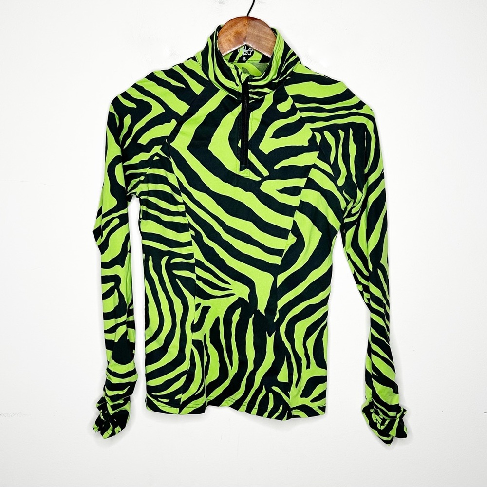 Tzu Tzu Golf Top Womens Small Green Black 1/4 Zip Animal Print Long Sleeve Zebra
